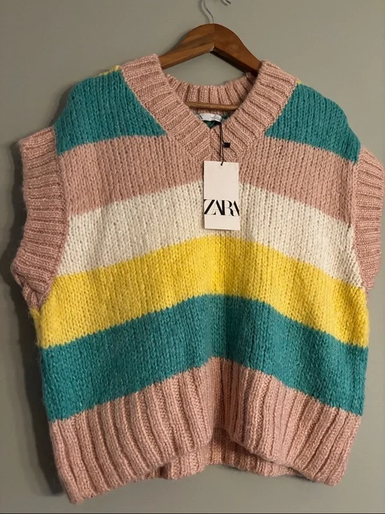 Zara Striped V‑Neck Sweater Vest in Pink, Teal, Yellow & Cream - size L - Picture 2 of 4
